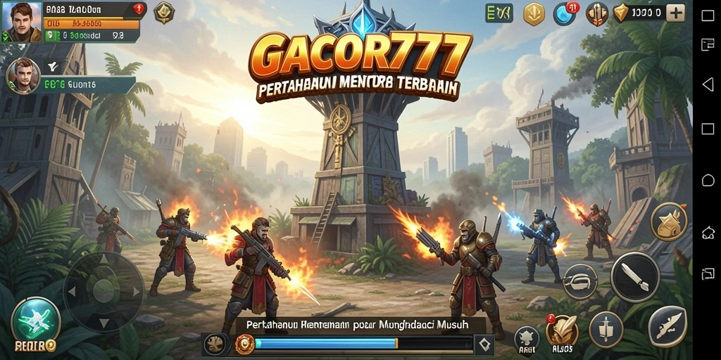 Tampilan gameplay GACOR777 dengan menara menghadapi gelombang musuh.