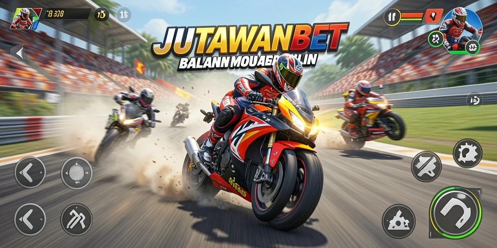 Tampilan gameplay seru dalam JUTAWANBET saat balapan motor.
