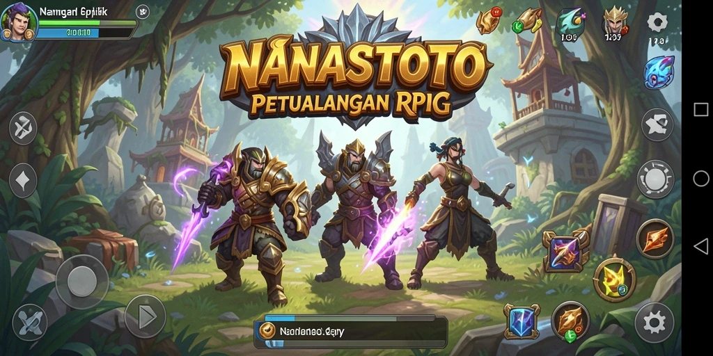 Screenshot gameplay NANASTOTO menampilkan pertempuran epik di dunia fantasi.