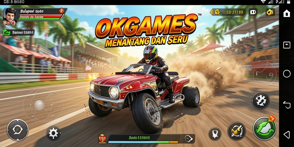 Tangkapan layar utama OKGAMES menampilkan aksi balapan yang mendebarkan.