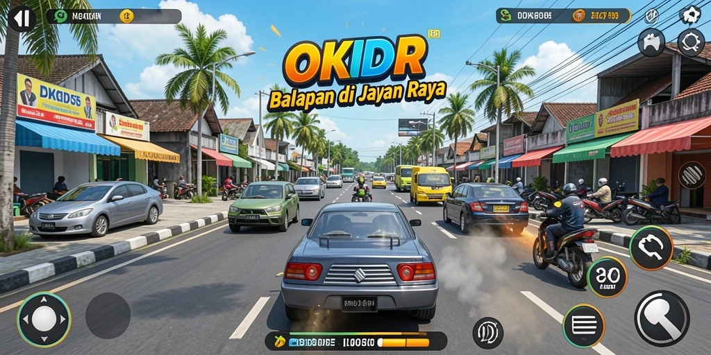 Screenshot gameplay menunjukkan aksi balapan penuh adrenalina di OKIDR.