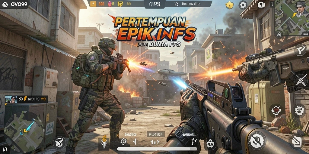 Gameplay OVO99 menampilkan aksi tembak-tembakan seru di berbagai lokasi.
