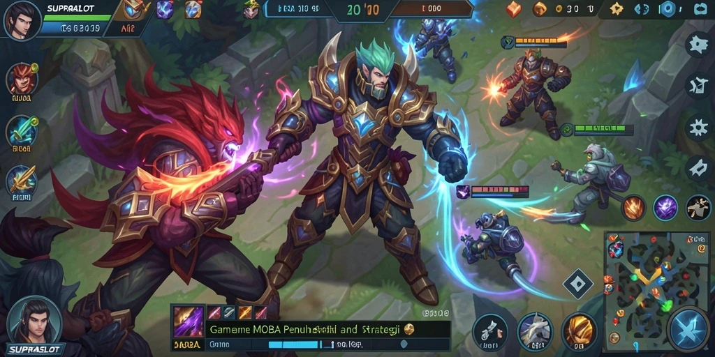 Screenshot gameplay <strong>SUPRASLOT</strong> menampilkan pertarungan seru di arena MOBA.
